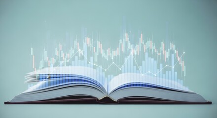 An open book with financial charts superimposed on the pages against a light blue background view