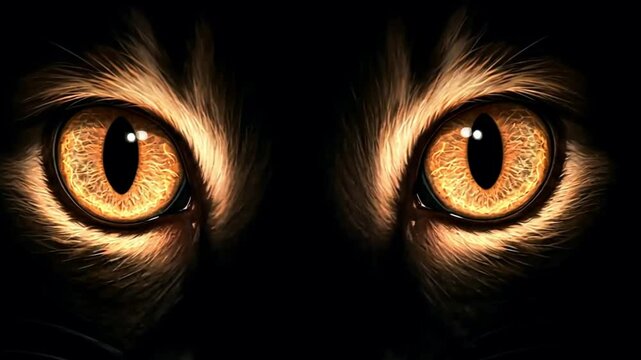 Two glowing amber eyes stare intensely into the darkness, their irises shimmering with an otherworldly light