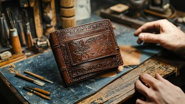 Craftsman showcasing intricately tooled leather journal