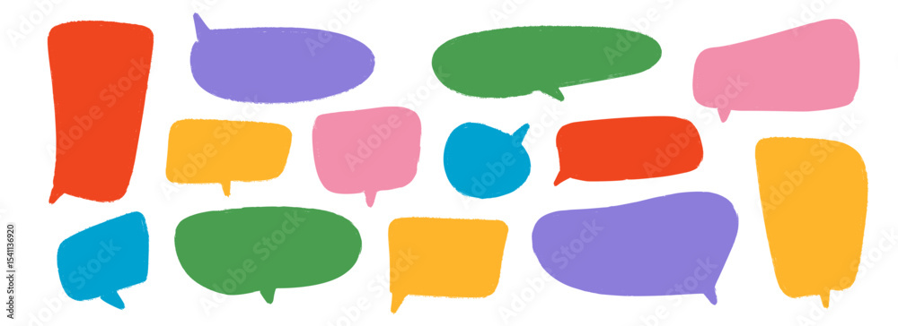 Aufkleber colored hand drawn speech bubble collection. doodled dialog box set. scribbled textured marker comic