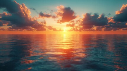 Obraz premium Endless seascape under a dreamy sunset, soft clouds reflecting warm golden hues over the tranquil ocean