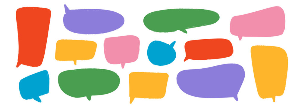 Colored hand drawn speech bubble collection. Doodled dialog box set. Scribbled textured marker comic talk frames. Red, yellow, green balloon text box bundle. Bright sketched chat box pack. Vector 