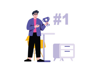 Happy Man Holding Blue Trophy With Number One, Cartoon Style