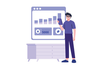Man Holding Tablet Studying Blue Data Chart in Minimalist Style