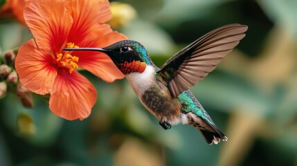 Colorful hummingbird feeding on vibrant orange flower in a lush tropical garden environment