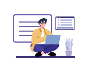 Man Using Laptop Sitting Cross-Legged in Light Studio