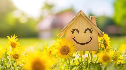 A wooden house with a smiling face on it, surrounded by yellow flowers in a green field.