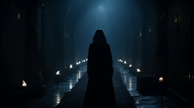 Silhouette of a Woman in a Dark Corridor