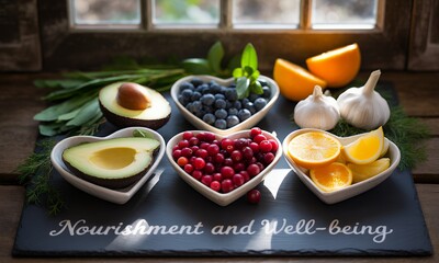 Vibrant Heart Shaped Bowls Displaying Fresh Fruits and Vegetables Still Life Arrangement Promoting Healthy Eating and Wellness Against a Rustic Wooden Background Under Natural Window Light with