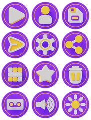 3D UI Icon Collection – App and Web Interface Symbols in Purple Style