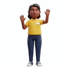 Animated woman with yellow polo shirt waving on white background