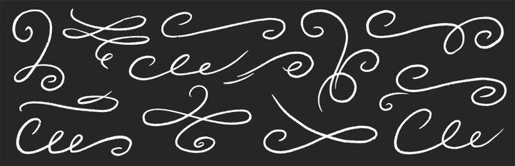 Chalk ornament flourish swirl calligraphy set. Hand drawn chalkboard divider, swirl curve, elegant banner and pencil frame menu. Flourish decoration, swoosh tail, vintage scroll. Vector illustration