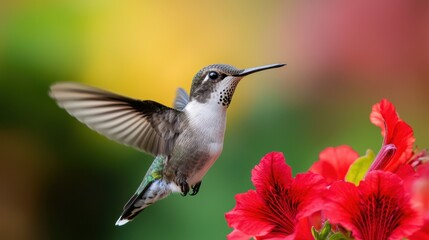 Delicate Hummingbird Hovering Near Vibrant Red Flowers in a Colorful Garden Setting