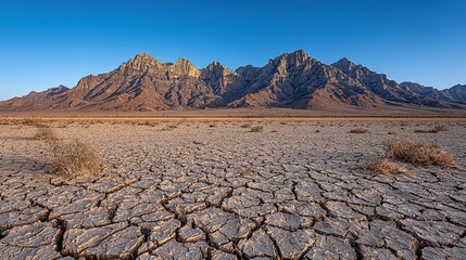 A cracked, arid landscape stretches beneath a mountain range.