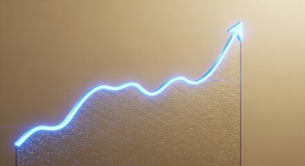 A glowing blue line graph with an upward trending arrow on a textured tan background in soft light