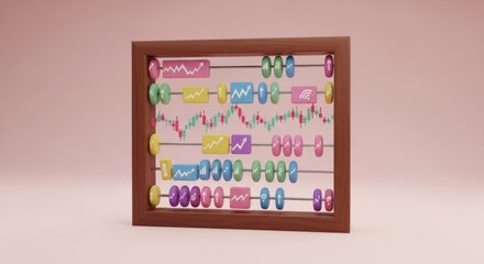 Close up of a stylized abacus with colorful beads and stock market data on a light pink background