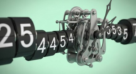 Close up of a mechanical clock with visible gears and number display against a light green background