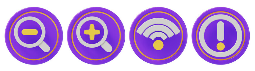 3D Interface Icon Set – Zoom, Wi-Fi, Alert Symbols in Purple