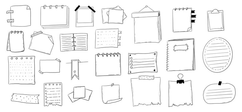 Memo page bullet journal note sketch, hand drawn doodle stickers office list box or frame. Comic planner reminder, set stationery design elements.