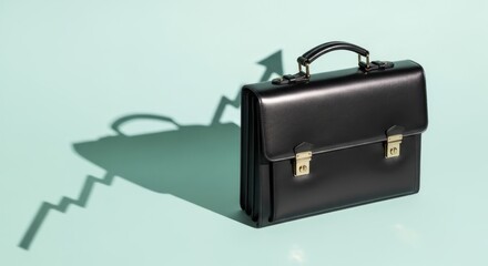 A black briefcase with a handle and gold latches casting a shadow shaped like an upward trending graph