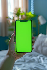  Woman's hand holding smartphone with chroma key screen in blurred bedroom