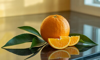Vibrant Orange Still Life Featuring Whole and Sliced Citrus Fruit with Green Leaves on Reflective Black Surface for Healthy Eating and Nutritional Concepts to use in Decoration and Healthy Lifestyle