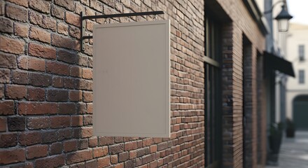 Blank Beige Signboard Hanging on Brick Wall, Mockup