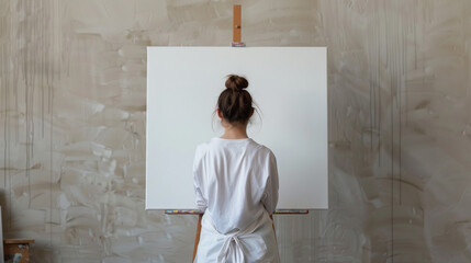  Woman in white shirt deep in thought before a blank canvas in art studio