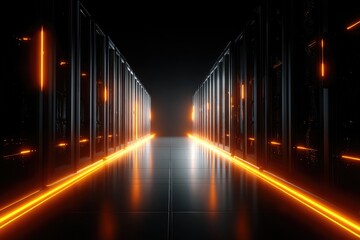 A server rack corridor illuminated by glowing orange lines.