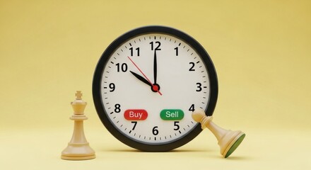 A clock showing time and buy and sell buttons with chess pieces on a yellow colored background image