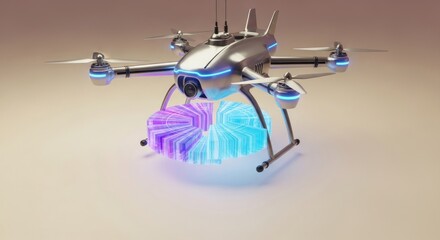 A futuristic silver drone with glowing blue accents hovering over a glowing geometric shape
