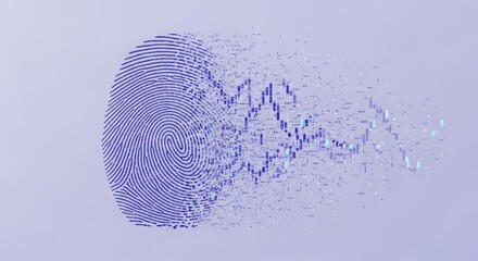 A fingerprint transforming into a stock market chart on a light purple gradient background design art