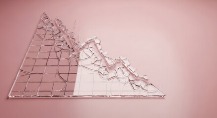 Abstract glass structure with geometric grid and shattered edge on a light pink background surface