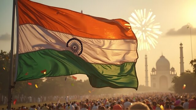 Close-up Detailed Shot of a Waving Indian National Flag During Festive Celebrations