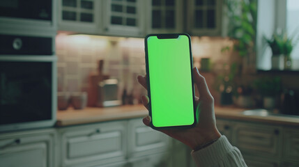  Woman's hand holding smartphone with chroma key screen in modern kitchen environment