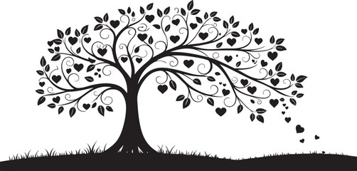 "Romantic Heart Tree Silhouette Illustration Featuring Swirling Branches, Heart-Shaped Leaves, and a Whimsical Love-Themed Design"

