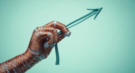 A robotic hand made of copper wire holding a blue arrow pointing upwards on a light blue background