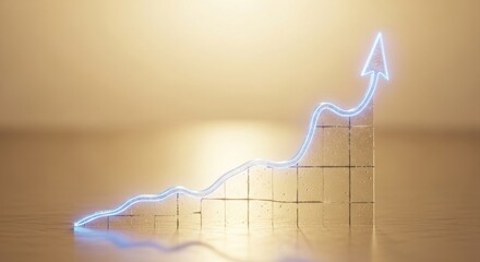 A blue neon arrow pointing upwards on a golden block staircase against a golden background wall