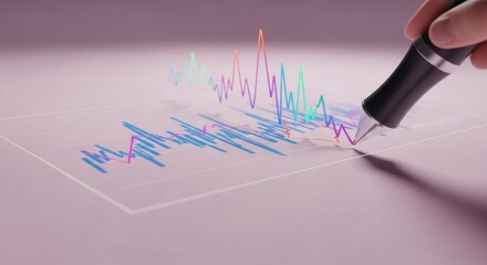 A hand drawing a colorful line graph on a light surface with a black and silver pen in a close up view