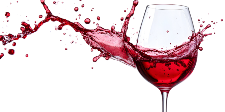 Dramatic splash of red wine in crystal glass against black background