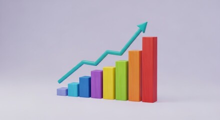 A colorful bar graph with an upward trending arrow on a light purple background indicating growth