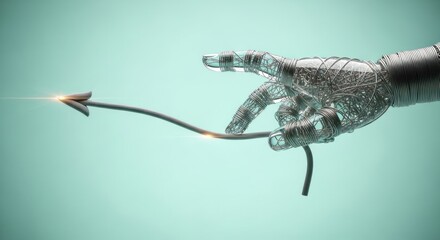 Robotic hand holding an arrow shaped cable against a light blue gradient background in studio shot