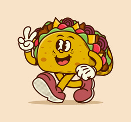 Cute retro taco mascot cartoon character in vintage style. Fun and colorful design perfect for food illustration, sticker, poster, logo, and more