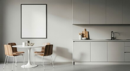 Fototapeta premium Modern kitchen interior featuring a dining table and minimalist design elements.