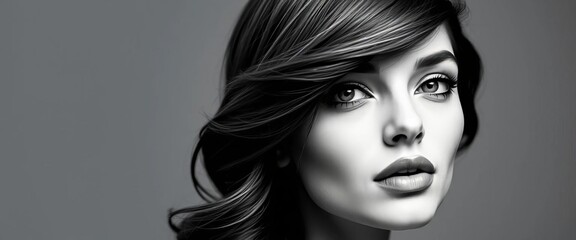 Fototapeta premium Elegant monochrome portrait, timeless grace, captivating gaze, sophisticated hairstyle, vector art, high fashion, design