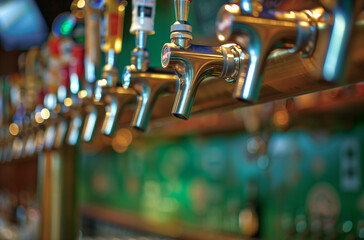  Vibrant row of green and yellow beer tap handles on a bar counter