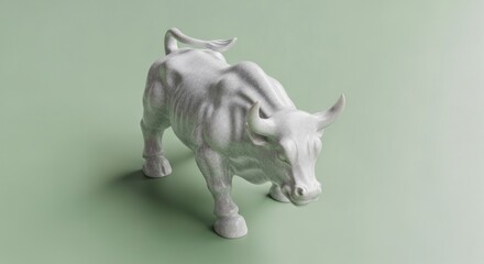 A white bull figurine in a charging pose on a light green surface with soft lighting and shadows cast