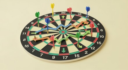 A dartboard with colorful darts and lines indicating fluctuating performance on a neutral background