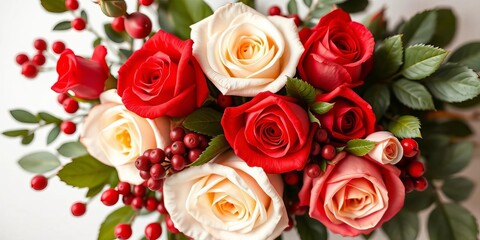 Obraz premium Elegant red & white rose floral set, berries & leaves Perfect for wedding invites & cards, elegant, floral