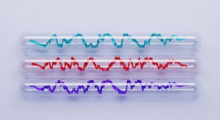 Three glass tubes containing colorful wavy lines arranged horizontally on a white background surface
